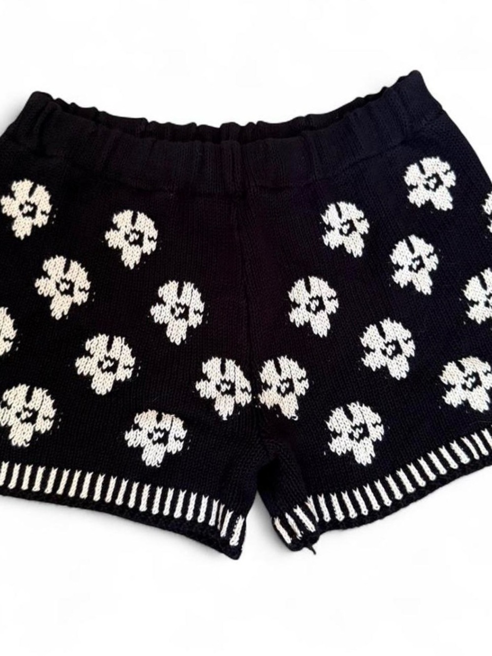 TACH Black Knit High-Waist Shorts with White flower Pattern